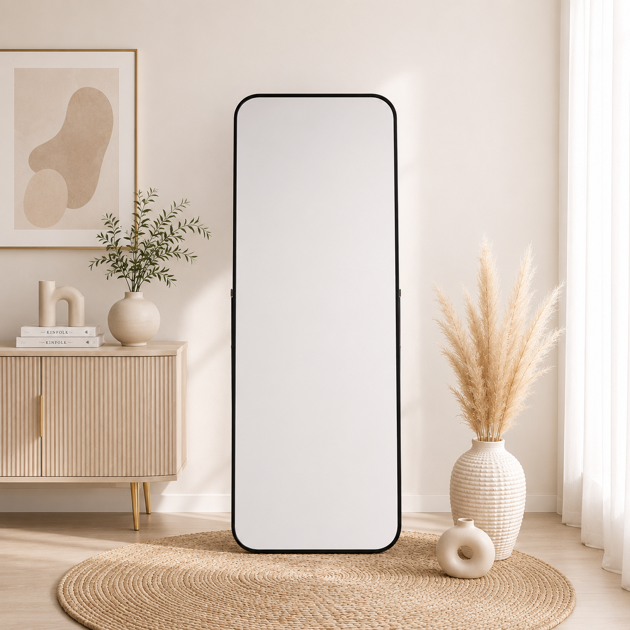 Rectangular Full-Length Standing & Wall-Mount Mirror 70×180 cm High-Quality Silver with Matte Black Aluminum Frame Model LM-14B