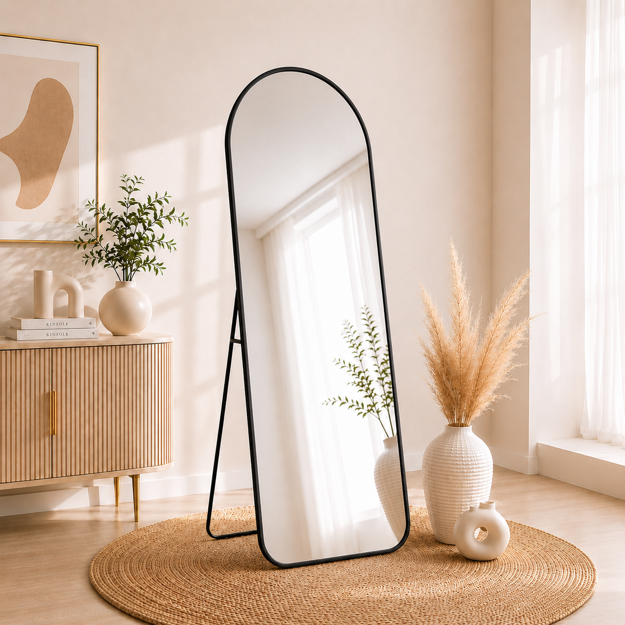 Arch Full-Length Standing & Wall-Mount Mirror 70×180 cm High-Quality Silver with Matte Black Aluminum Frame Model LM-15B