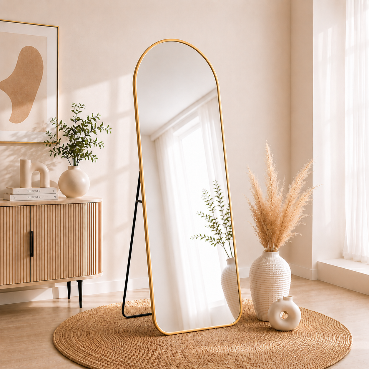 Arch Full-Length Standing & Wall-Mount Mirror 70×180 cm High-Quality Silver with Matte Gold Aluminum Frame Model LM-15G