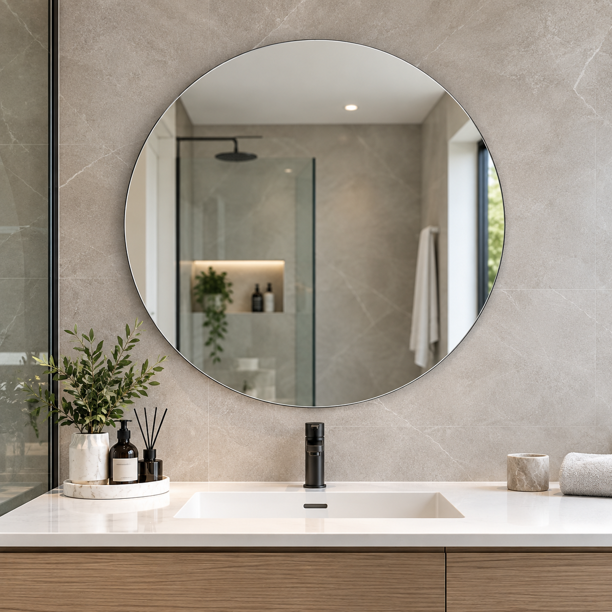 Round Frameless Floating Wall Mirror Ø100 cm High-Quality Float Glass Model 88016C