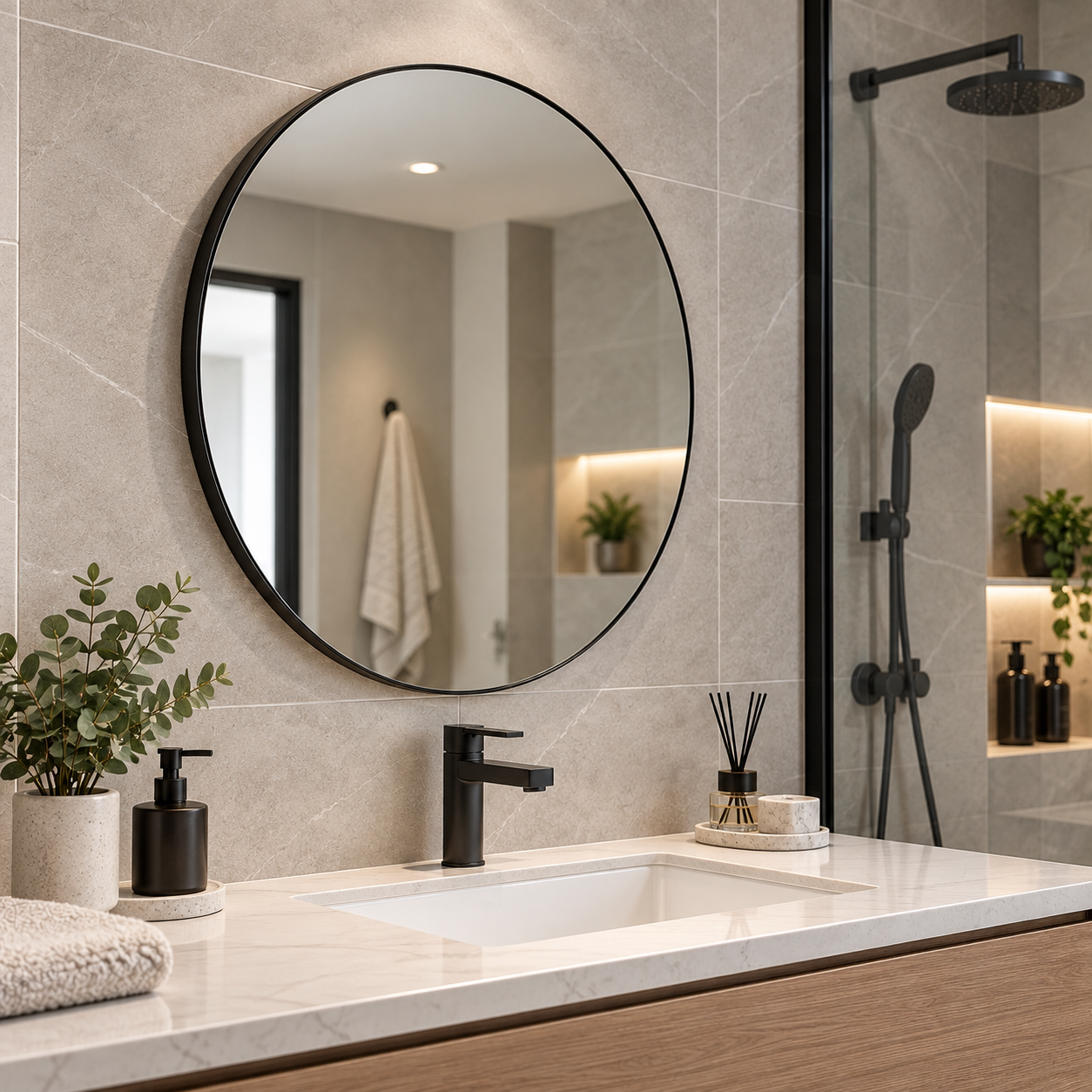 Round Wall-Mount Mirror Ø60 cm High-Quality Float Glass with Matte Black Aluminum Frame Model 5051B