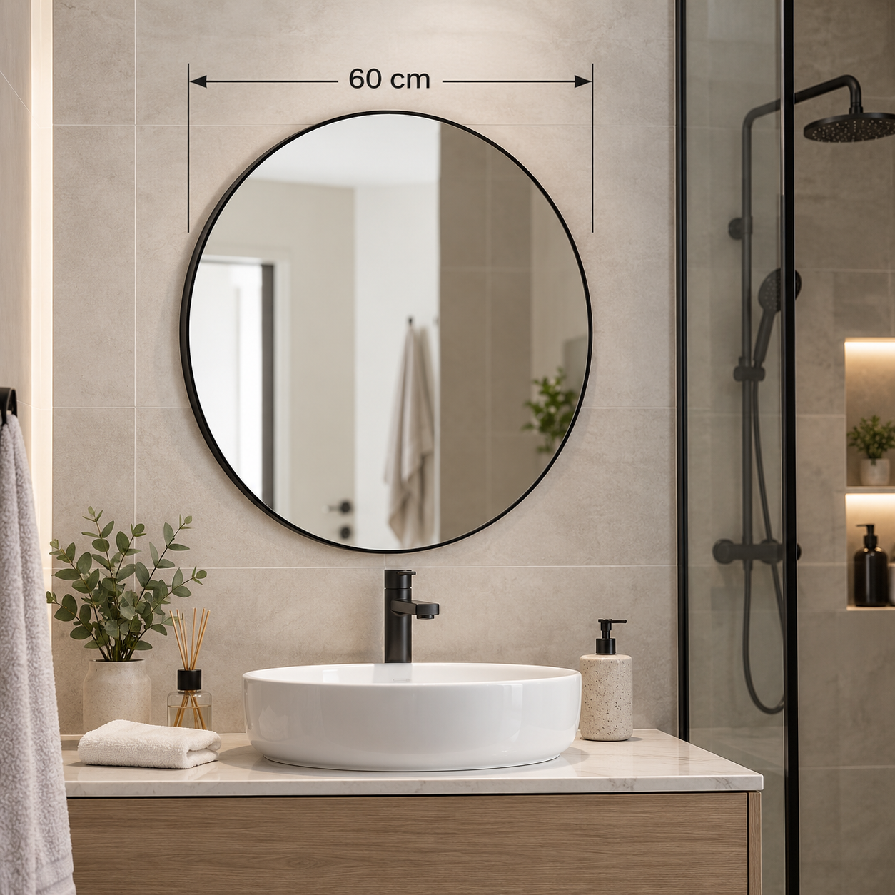 Round Wall-Mount Mirror Ø60 cm High-Quality Float Glass with Matte Black Aluminum Frame Model 5051B