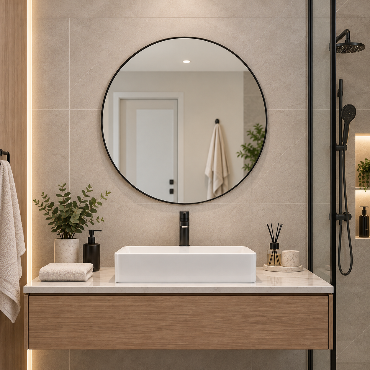 Round Wall-Mount Mirror Ø60 cm High-Quality Float Glass with Matte Black Aluminum Frame Model 5051B