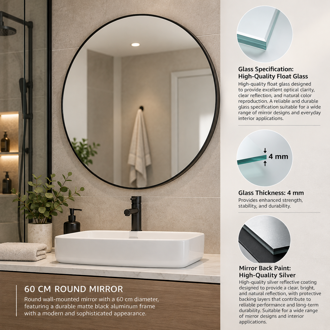 Round Wall-Mount Mirror Ø60 cm High-Quality Float Glass with Matte Black Aluminum Frame Model 5051B