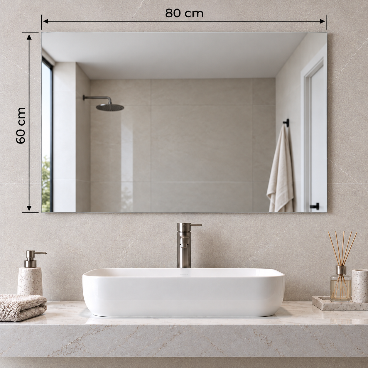 Rectangular Frameless Floating Wall Mirror 80×60 cm High-Quality Float Glass Model 5652