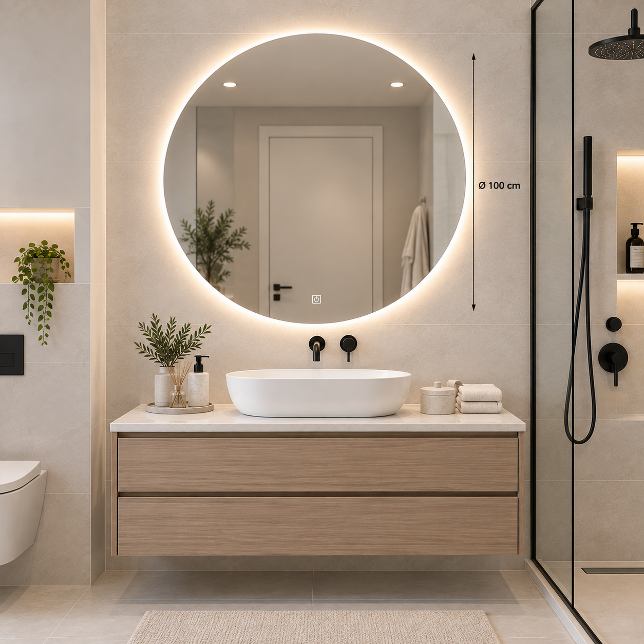 Round Frameless Floating Wall Mirror Ø100 cm with Backlit LED Lighting Ultra White Float Glass Model 88016CLD