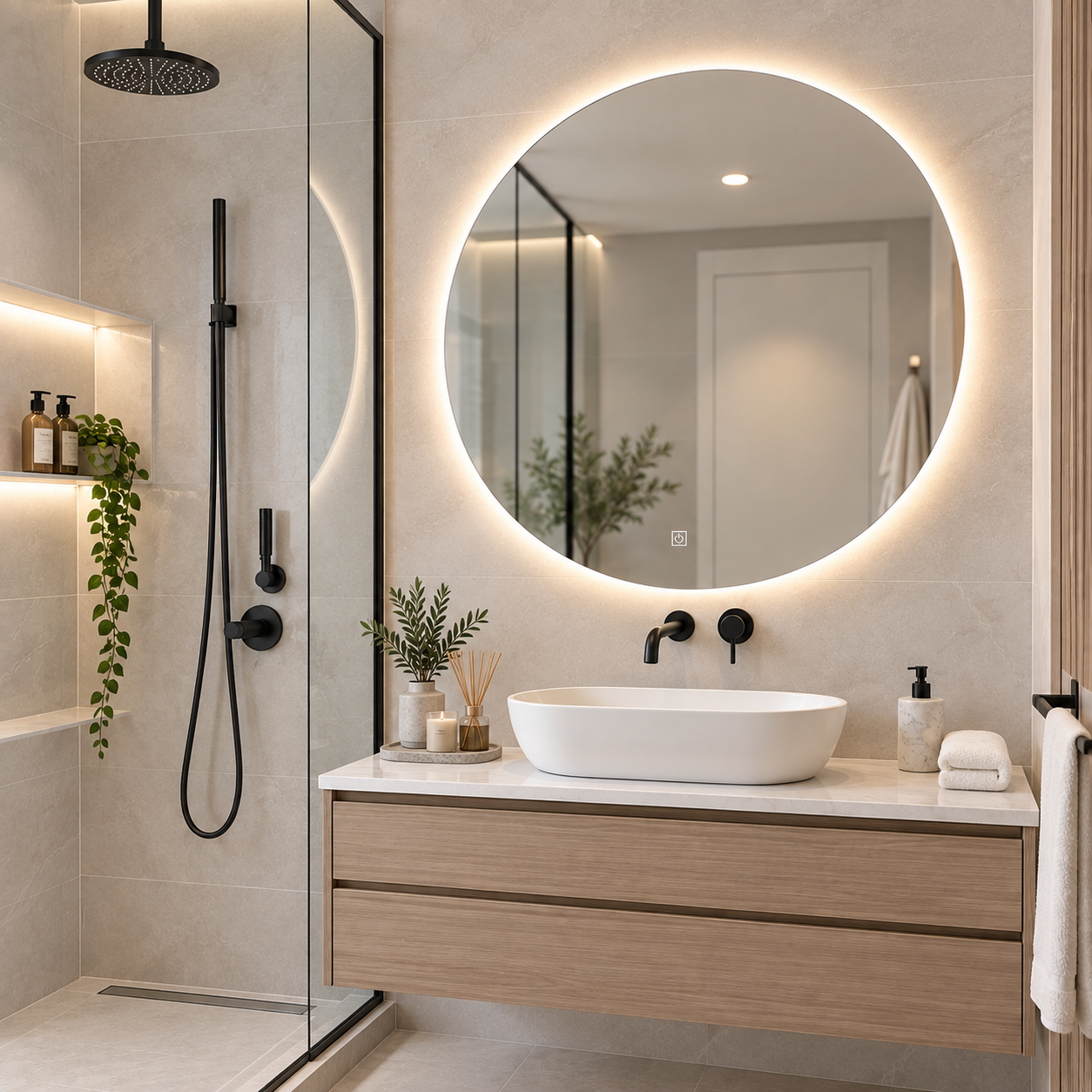 Round Frameless Floating Wall Mirror Ø100 cm with Backlit LED Lighting Ultra White Float Glass Model 88016CLD
