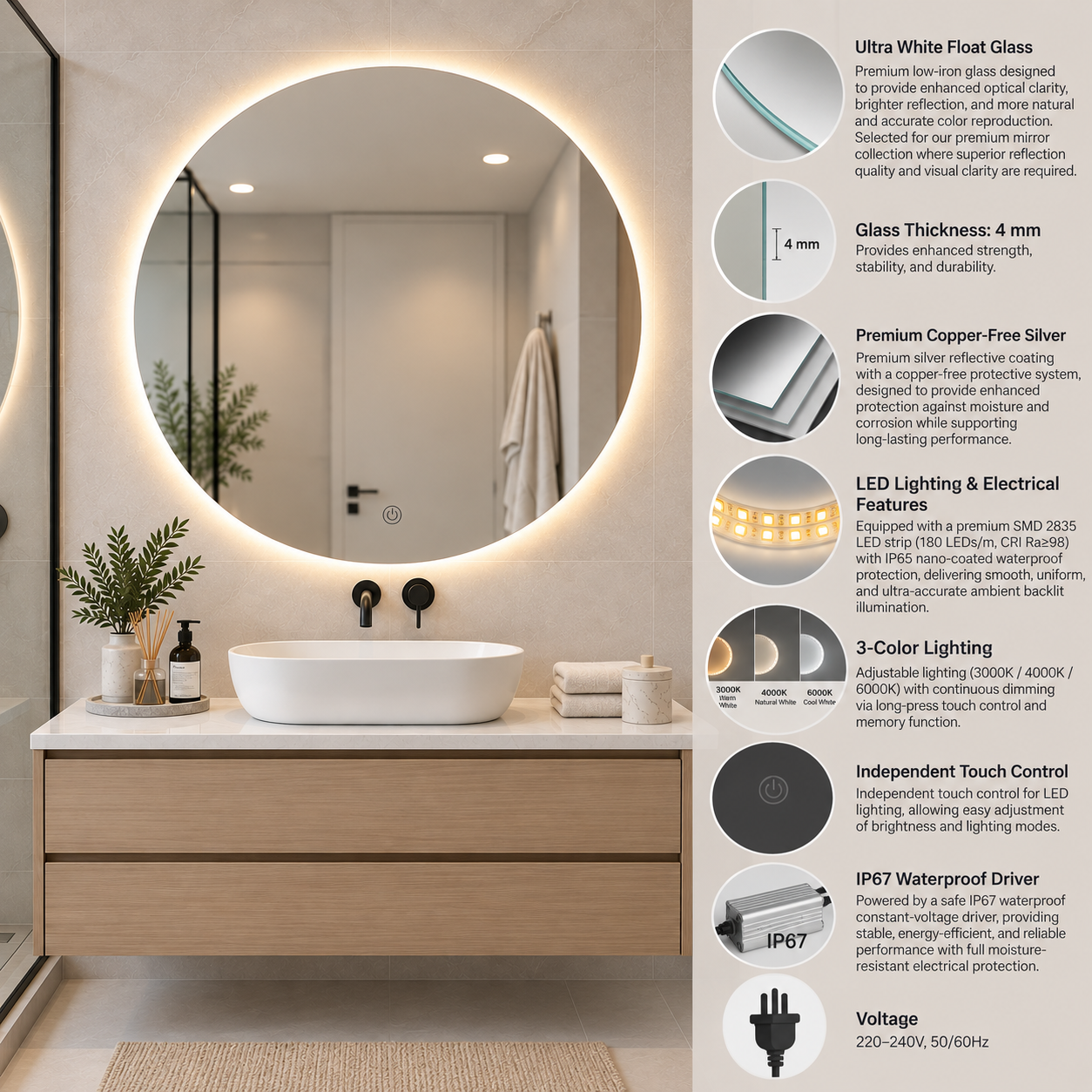 Round Frameless Floating Wall Mirror Ø100 cm with Backlit LED Lighting Ultra White Float Glass Model 88016CLD