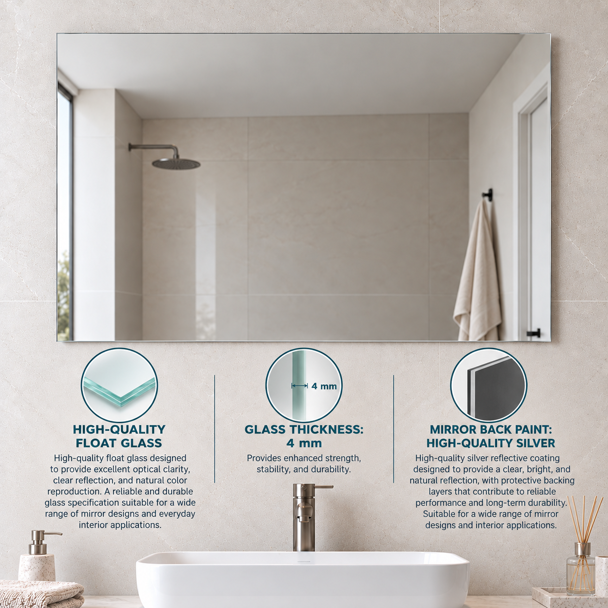 Rectangular Frameless Floating Wall Mirror 100×60 cm High-Quality Float Glass Model 5653