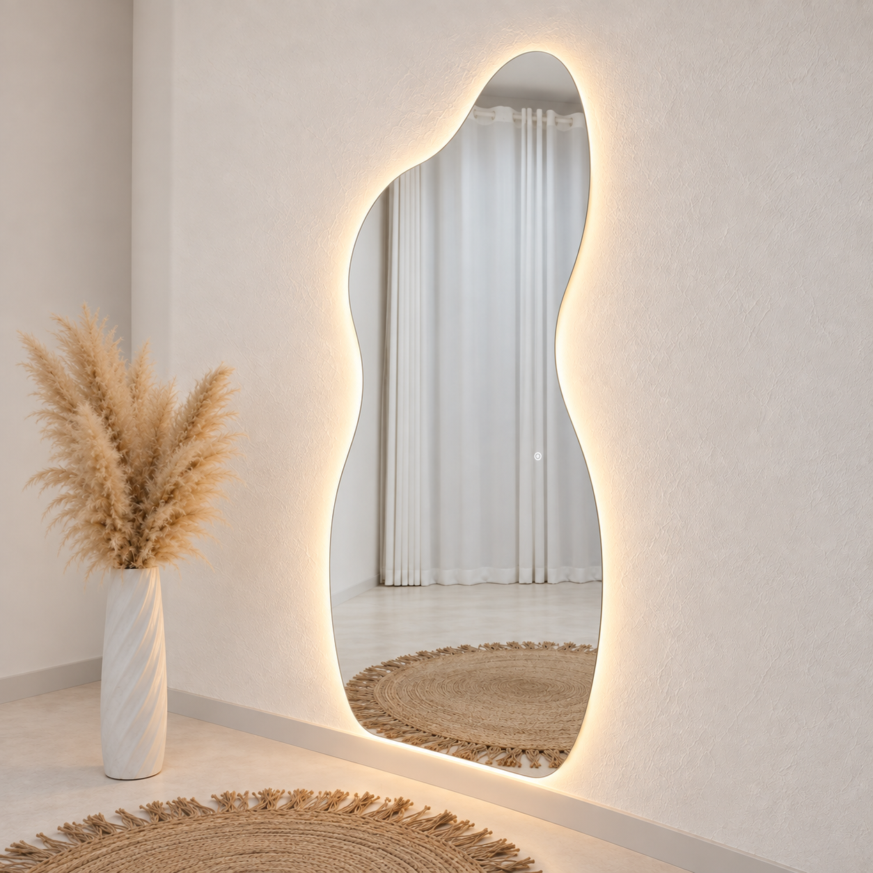 Asymmetrical Full-Length Frameless Floating Wall Mirror 100*180 cm with Backlit LED Lighting Ultra White Float Glass Model LM-70LD
