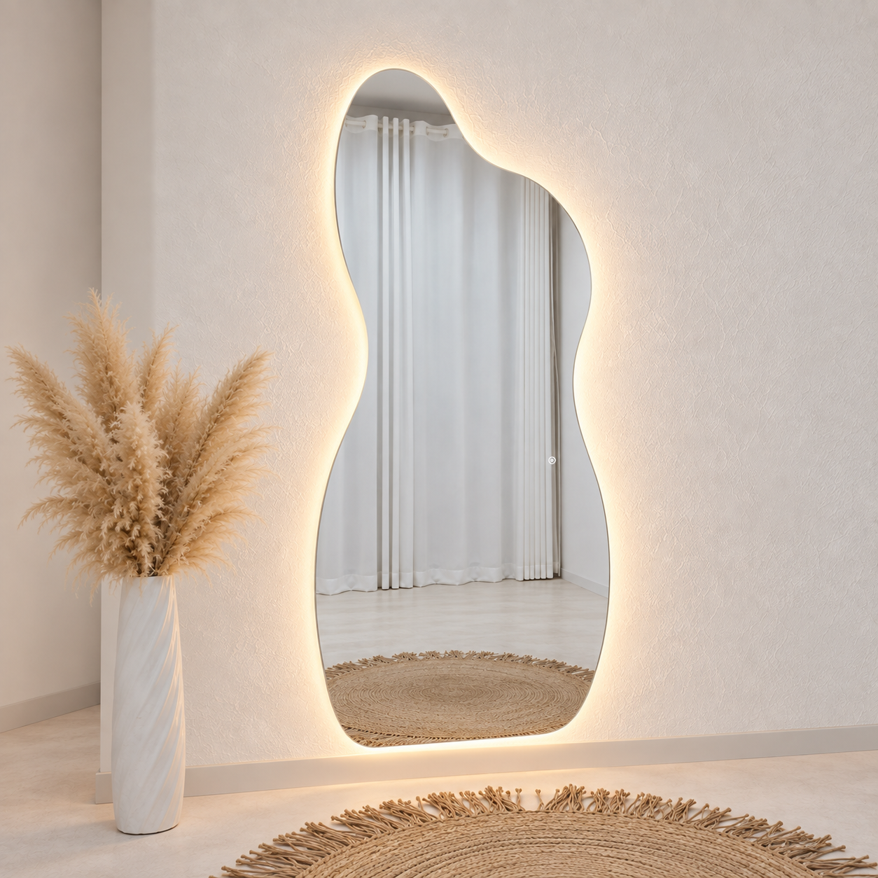 Asymmetrical Full-Length Frameless Floating Wall Mirror 100*180 cm with Backlit LED Lighting Ultra White Float Glass Model LM-70LD