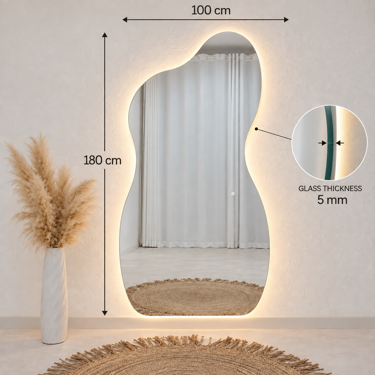 Asymmetrical Full-Length Frameless Floating Wall Mirror 100*180 cm with Backlit LED Lighting Ultra White Float Glass Model LM-70LD