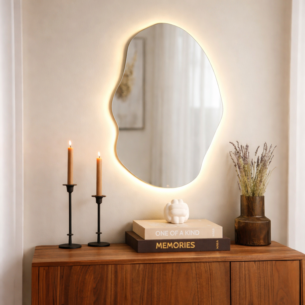 Asymmetrical Frameless Floating Wall Copper-Free (No Black Edges) Mirror with Backlit LED Lighting 70×90 cm – Model M-762LD