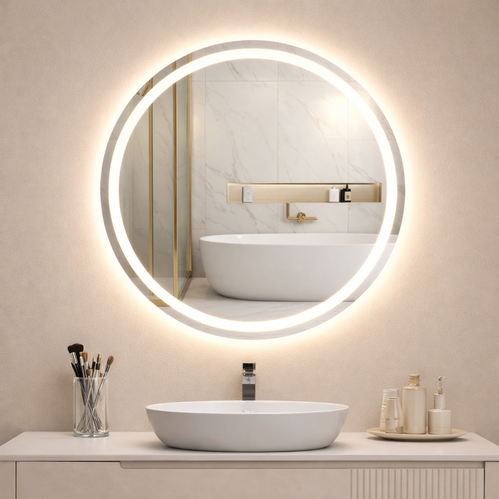 Round Frameless Floating Wall Copper-Free (No Black Edges) Mirror with Front & Backlit LED Lighting & Defogger Ø100 cm – Model 88016FLD