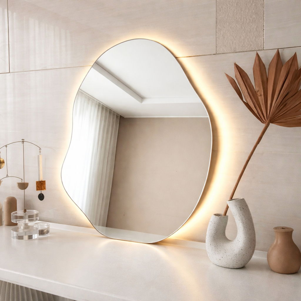 Asymmetrical Frameless Floating Wall Copper-Free (No Black Edges) Mirror with Backlit LED Lighting  70×85 cm – Model M-14LD