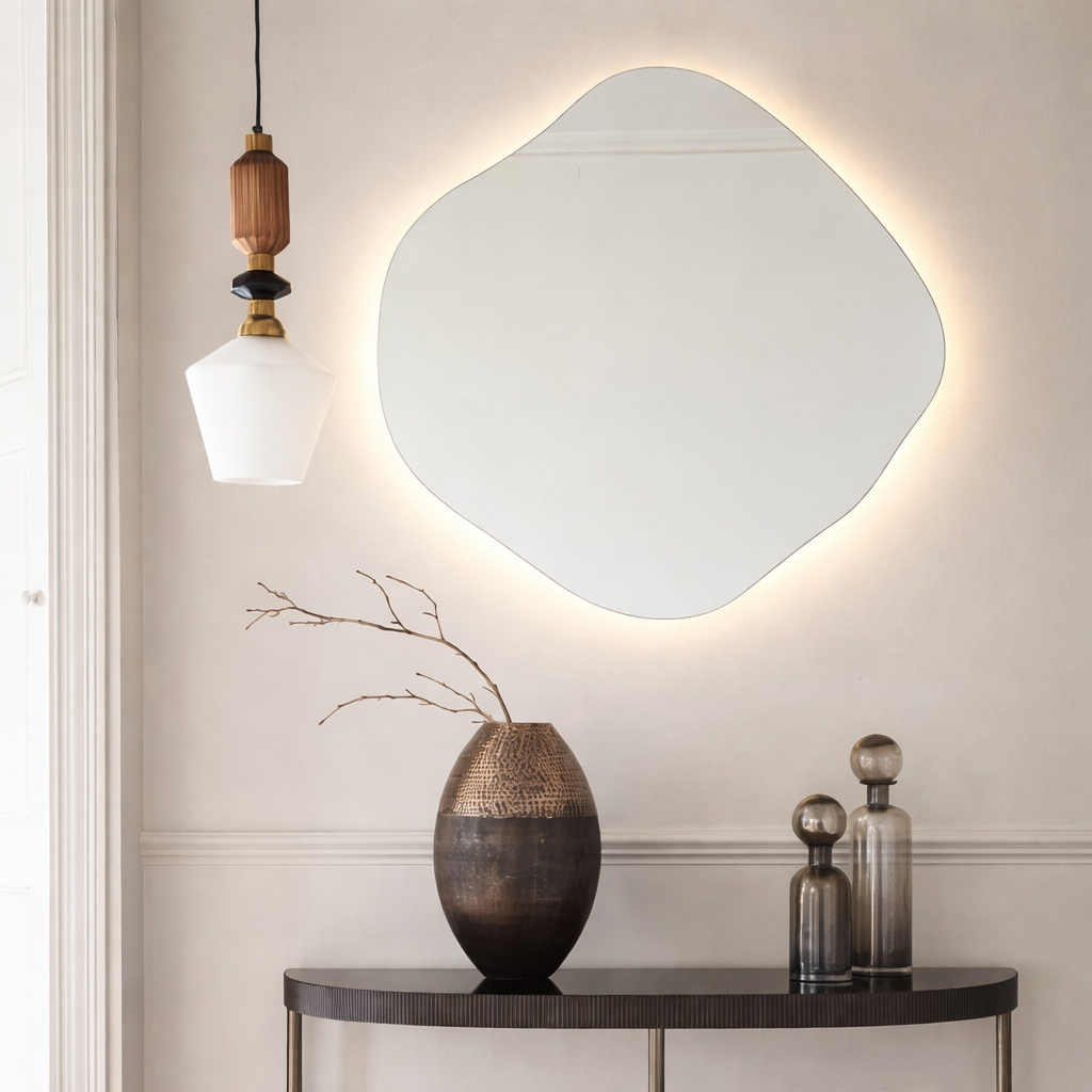 Asymmetrical Frameless Floating Wall Copper-Free (No Black Edges) Mirror with Backlit LED Lighting 75×80cm – Model M1LD