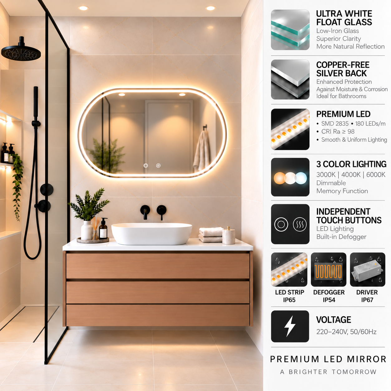 Oval Frameless Floating Wall Mirror 60×80 cm with Front & Backlit LED Lighting & Defogger Ultra White Float Glass Model 15301BFDLD