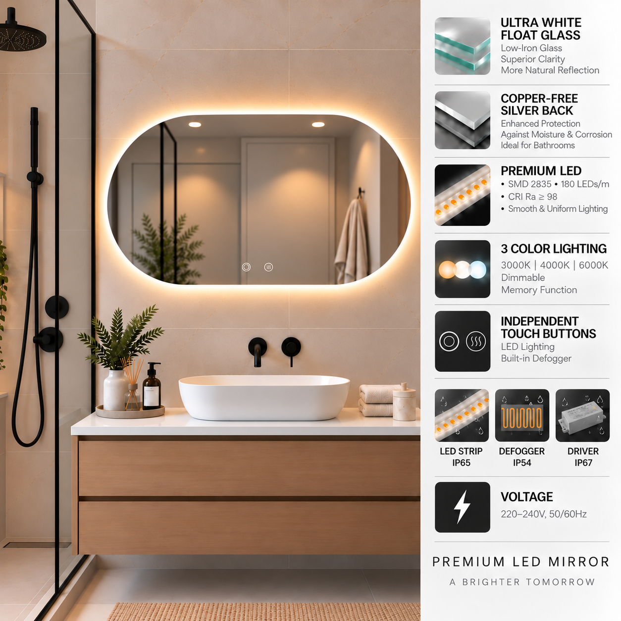 Oval Frameless Floating Wall Mirror 60×100 cm with Backlit LED Lighting & Defogger Ultra White Float Glass Model 15204BDLD