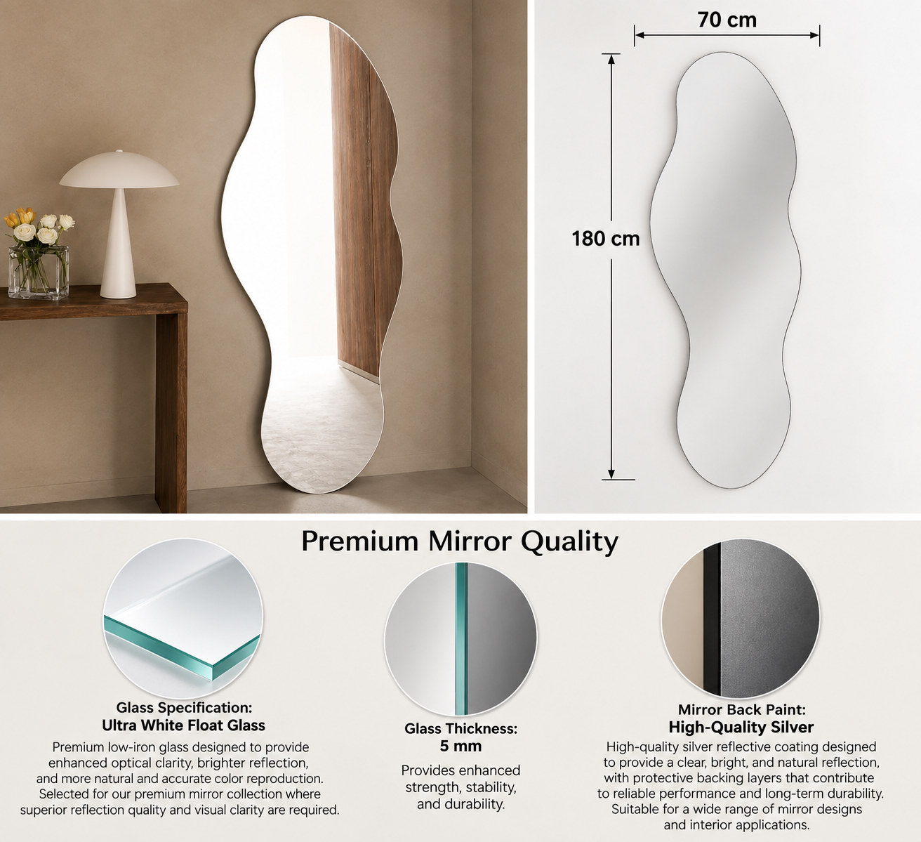 Asymmetrical Full-Length Frameless Floating Wall Mirror 70×180 cm Ultra White Float Glass Model LM-53