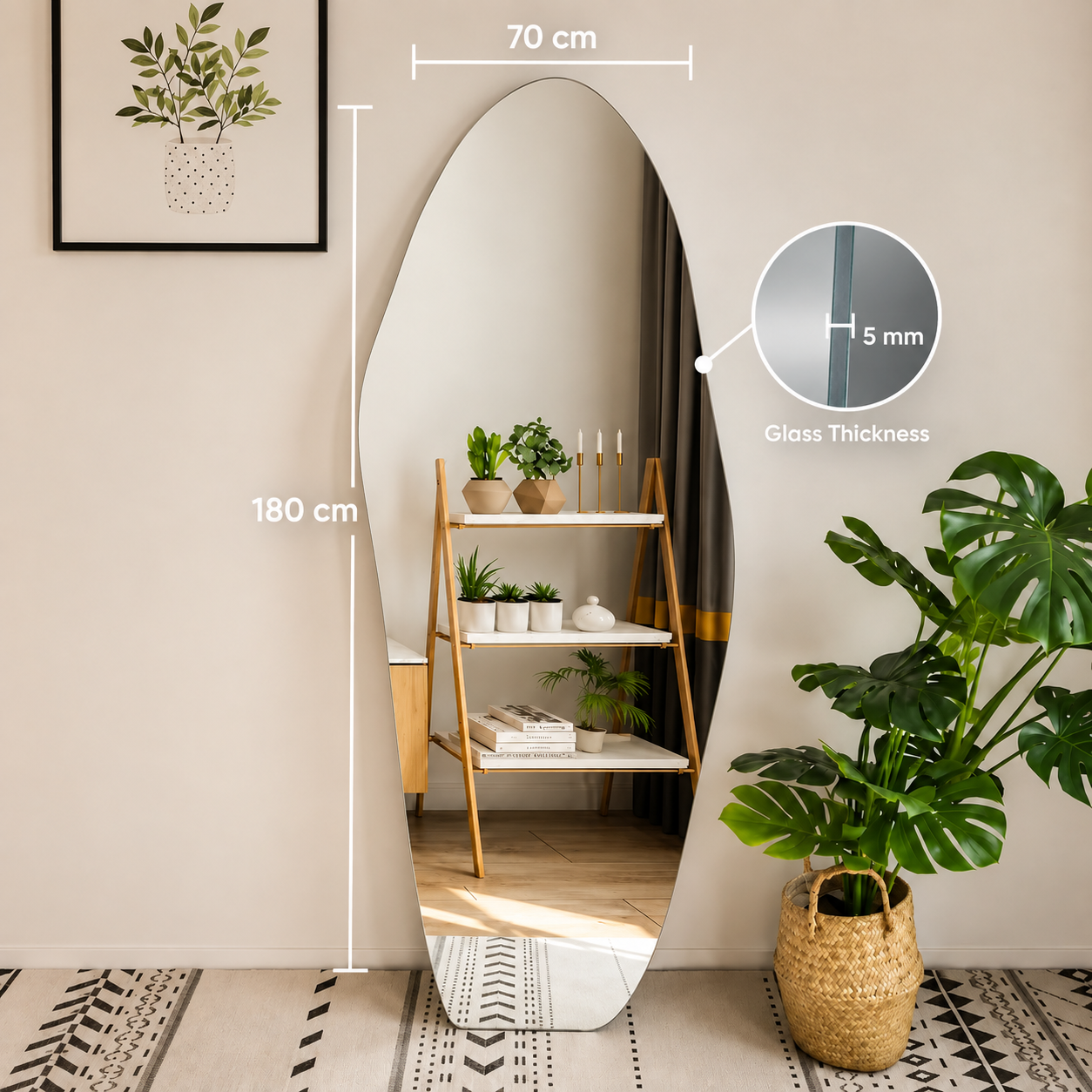 Asymmetrical Full-Length Frameless Floating Wall Mirror 70×180 cm Ultra White Float Glass Model LM-54