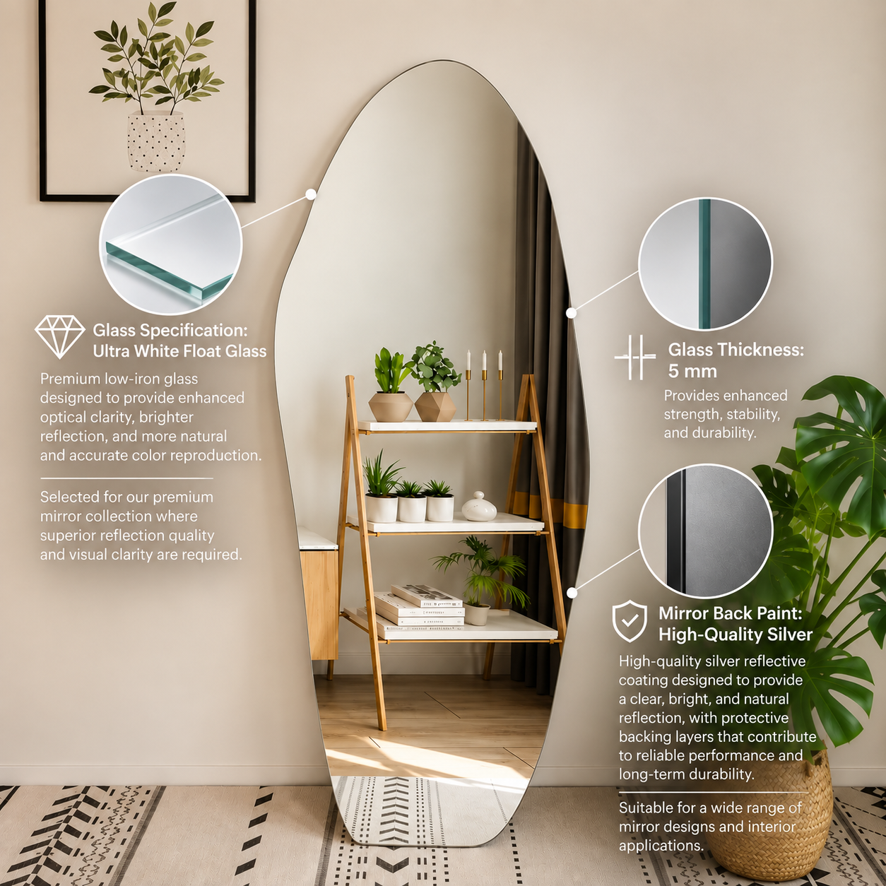 Asymmetrical Full-Length Frameless Floating Wall Mirror 70×180 cm Ultra White Float Glass Model LM-54
