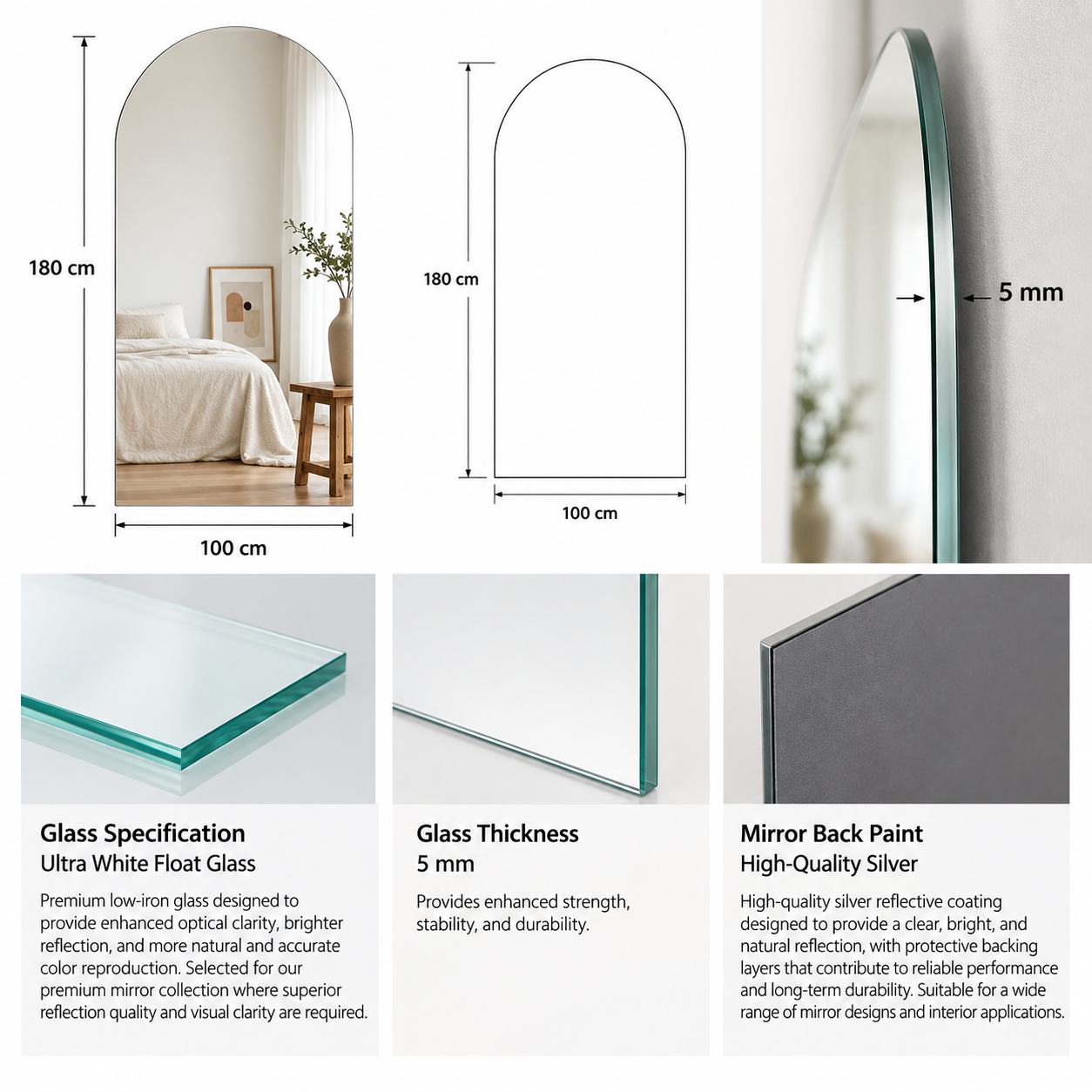 Arch Full-Length Frameless Floating Wall Mirror 100×180 cm Ultra White Float Glass Model LM-71