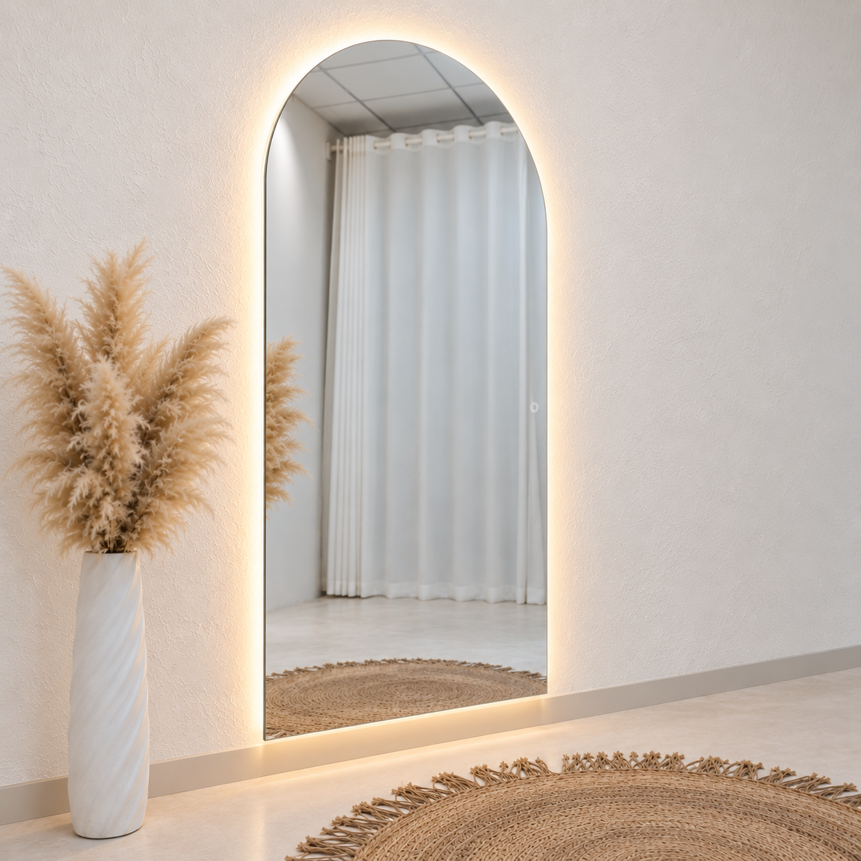 Arch Full-Length Frameless Floating Wall Mirror 100*180 cm with Backlit LED Lighting Ultra White Float Glass Model LM-71LD