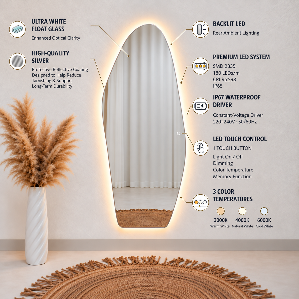 Asymmetrical Full-Length Frameless Floating Wall Mirror 70*180 cm with Backlit LED Lighting Ultra White Float Glass Model LM-54LD