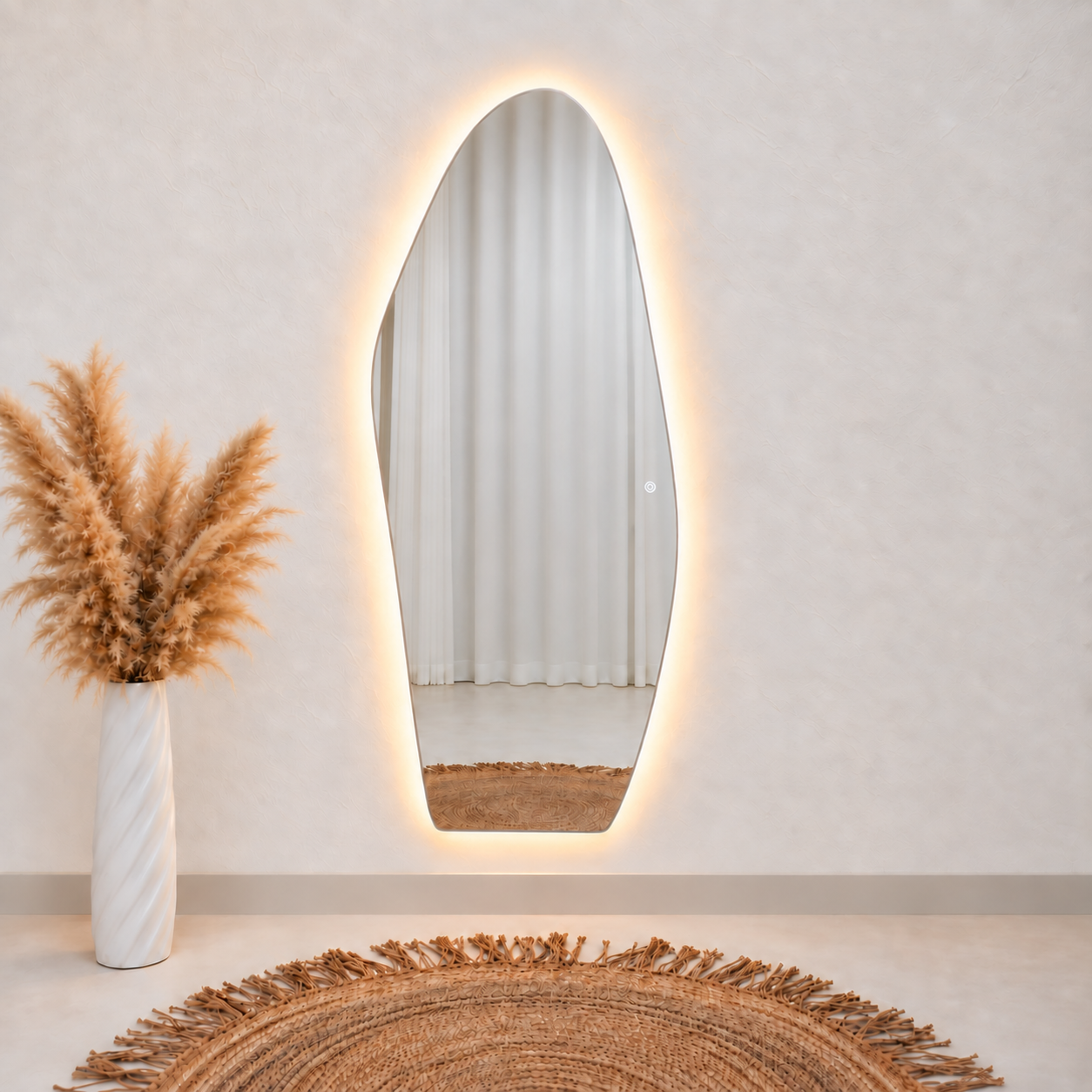 Asymmetrical Full-Length Frameless Floating Wall Mirror 70*180 cm with Backlit LED Lighting Ultra White Float Glass Model LM-54LD