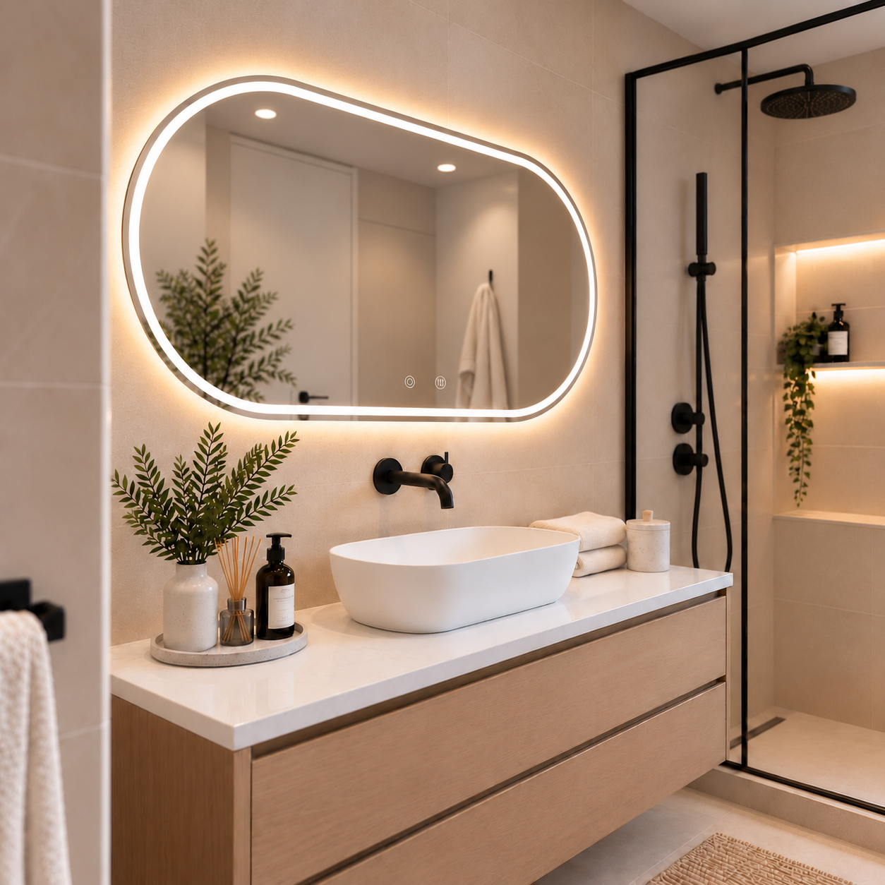 Oval Frameless Floating Wall Mirror 60×120 cm with Front & Backlit LED Lighting & Defogger Ultra White Float Glass Model 15303BFDLD