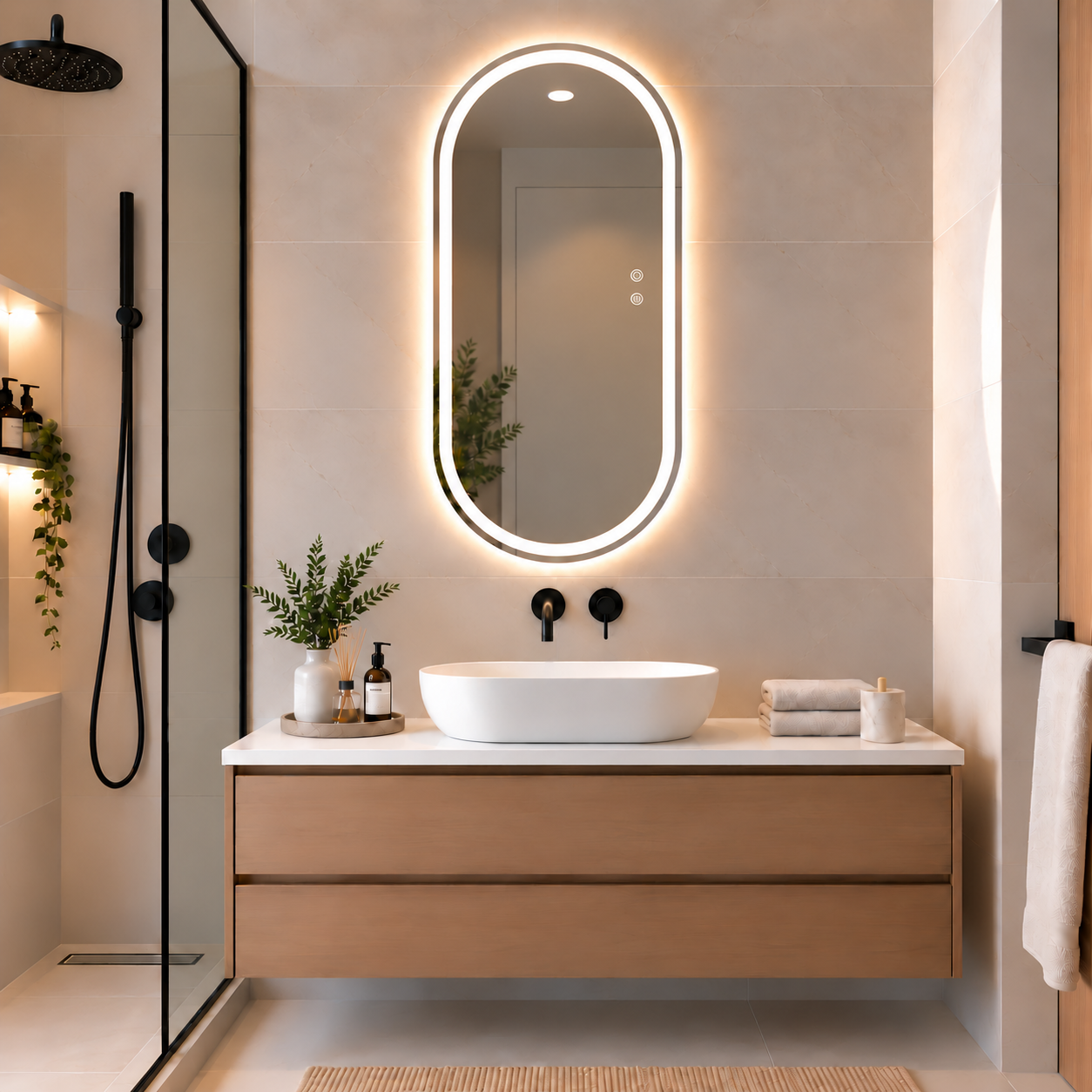 Oval Frameless Floating Wall Mirror 60×120 cm with Front & Backlit LED Lighting & Defogger Ultra White Float Glass Model 15303BFDLD
