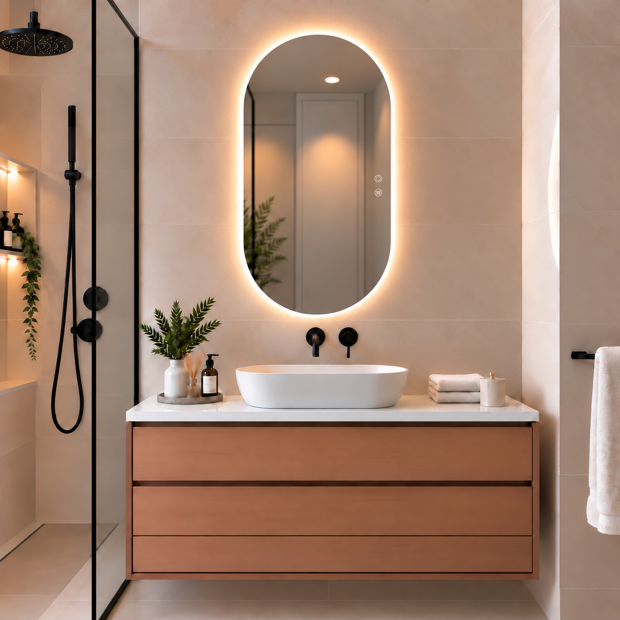 Oval Frameless Floating Wall Mirror 60×100 cm with Backlit LED Lighting & Defogger Ultra White Float Glass Model 15204BDLD