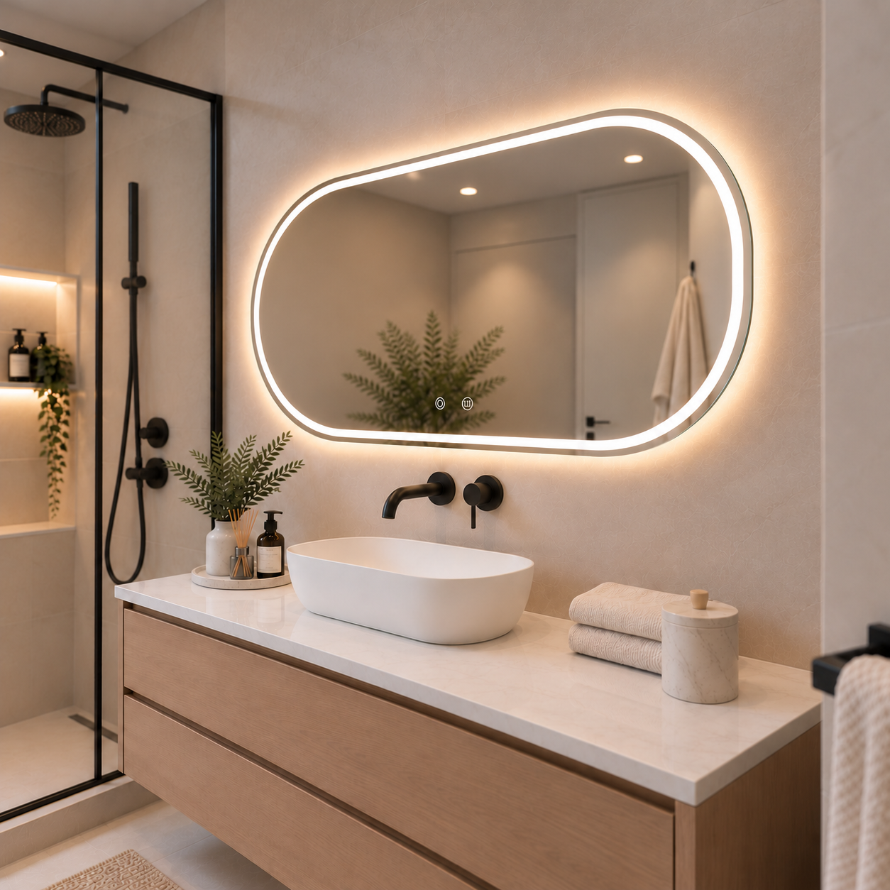 Oval Frameless Floating Wall Mirror 60×100 cm with Front & Backlit LED Lighting & Defogger Ultra White Float Glass Model 15302BFDLD